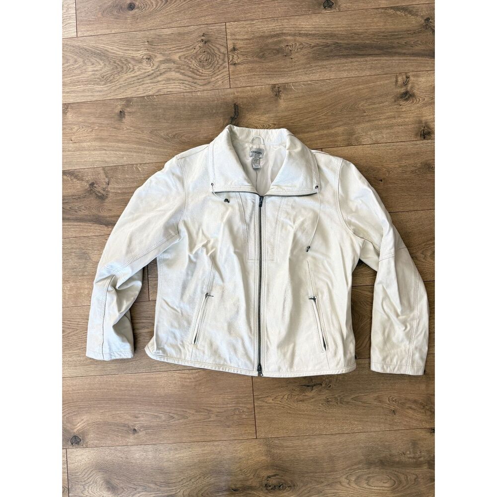 CHICOS 3 XL VTG Vintage White Leather Metallic Oversized Zip Up Collared Jacket